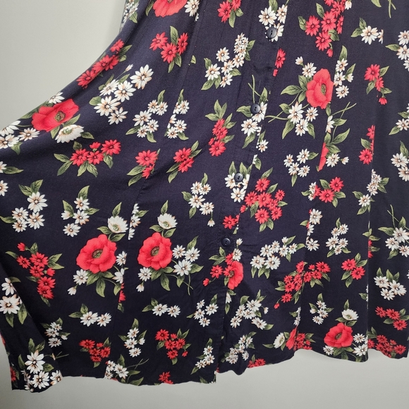 Vintage Floral Sleeveless Dark Navy Button Up Midi Dress - Picture 7 of 7